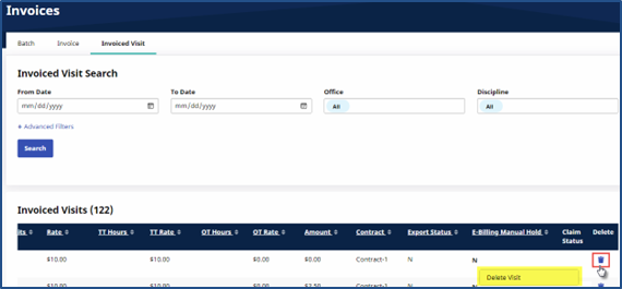 Invoiced Search by Visit Delete a Visit Option